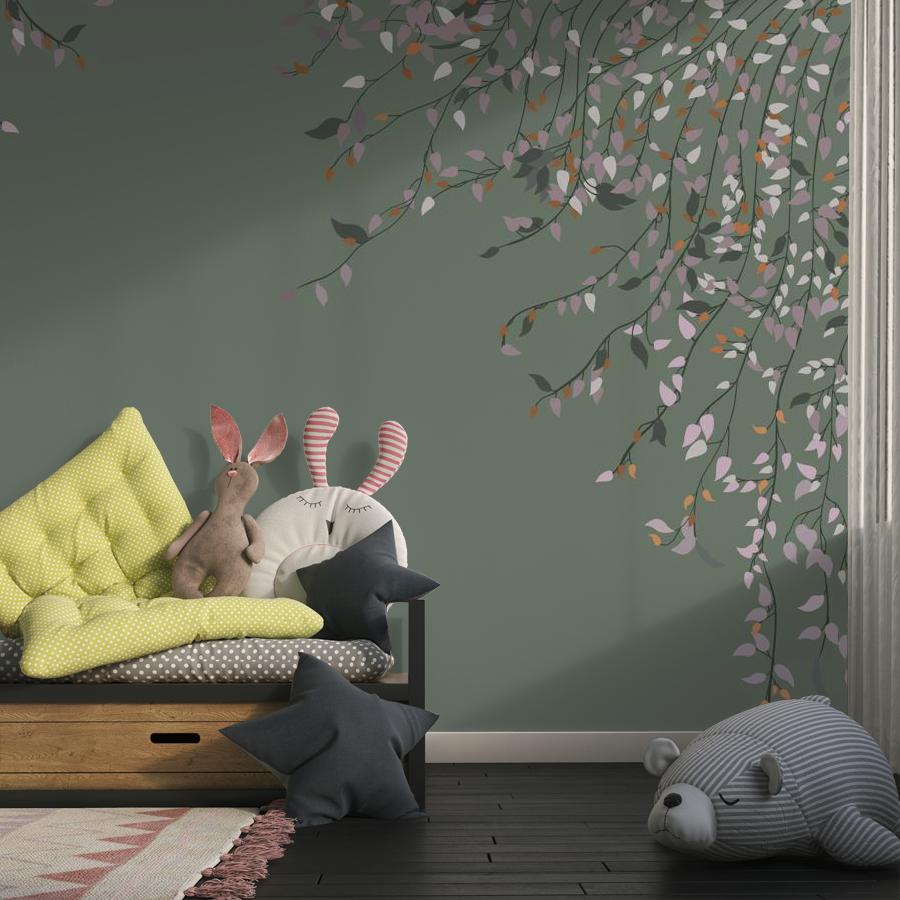 фотообои ветви с листьями на зеленом фоне 14-1090