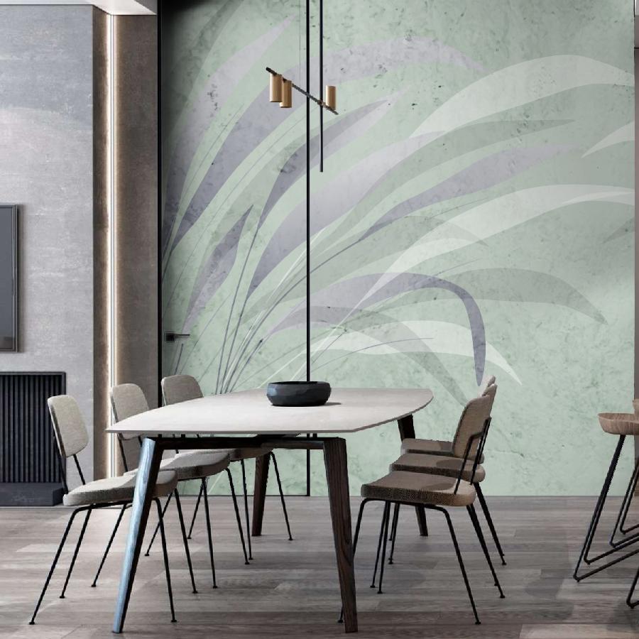 фотообои листья в спальню на зеленом фоне 14-1239