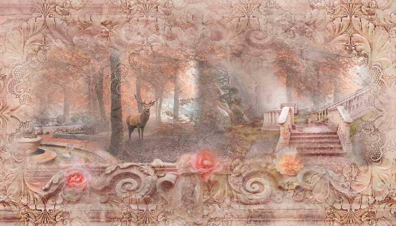 Фотообои утренний лес сад в розовых тонах