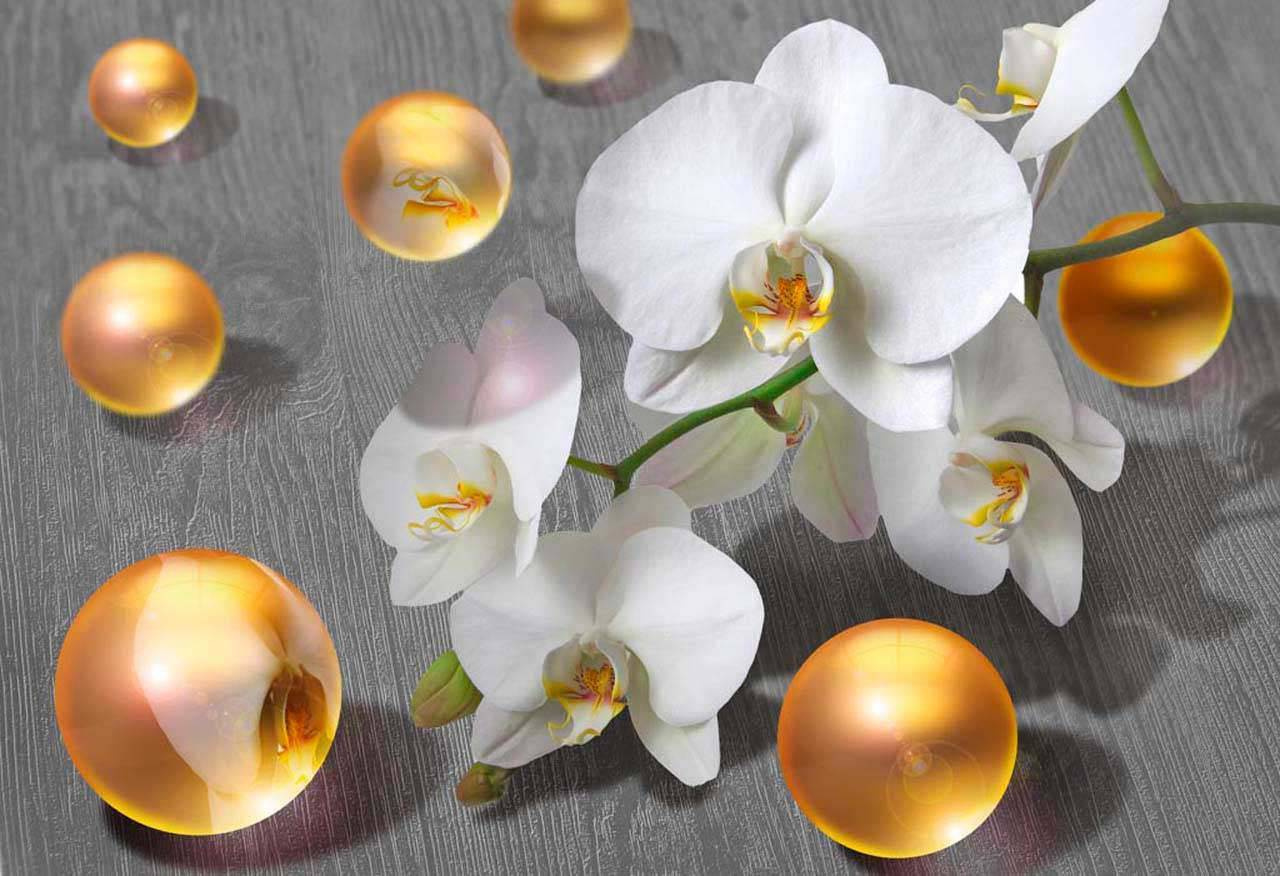 Фотообои Орхидея с золотыми шарами