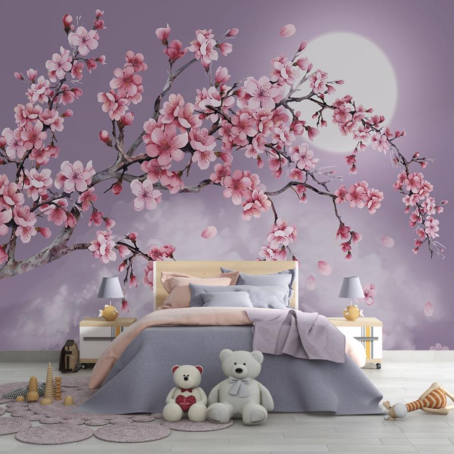 фотообои сакура на фоне вечернего неба и луны 14-966