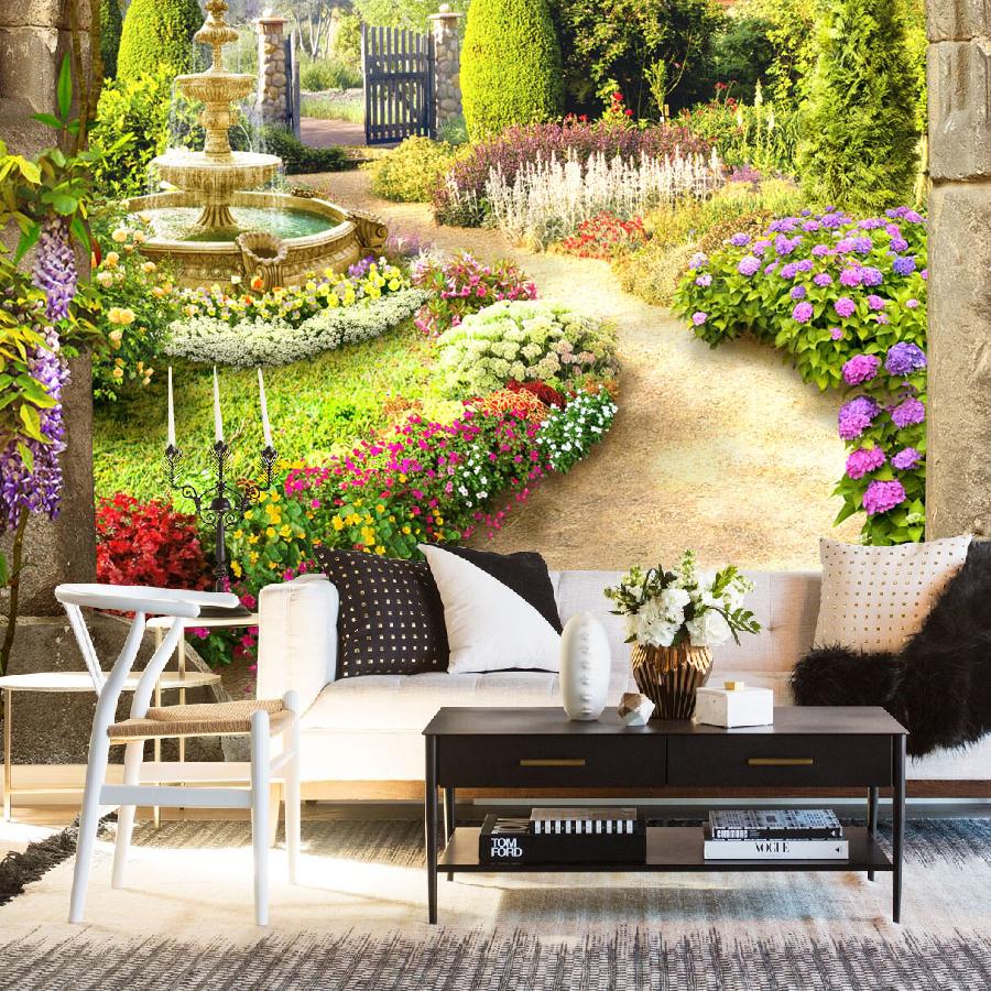 фотообои арка с видом на цветущий сад 19-0132