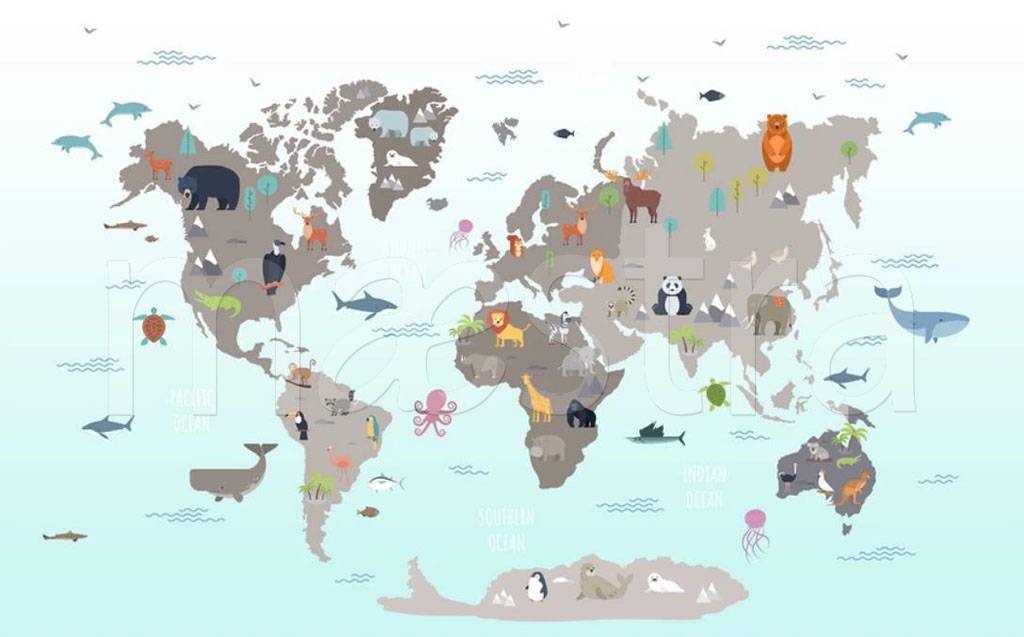 Фотообои Карта мира и зверятки