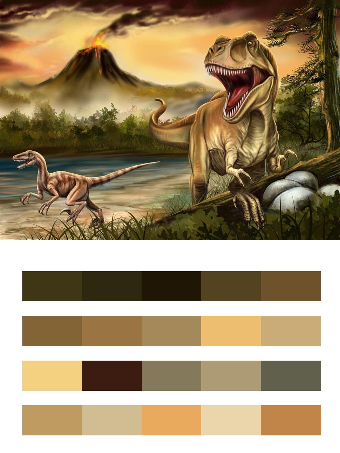 Динозавр Тираннозавр и вулкан цвета
