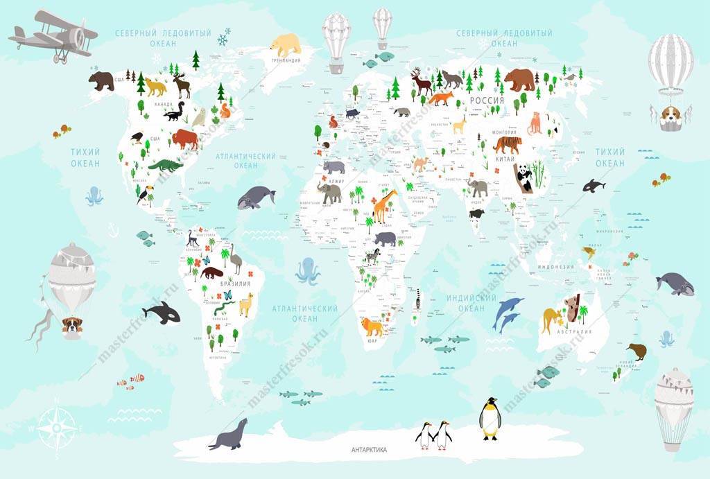 Фотообои Карта мира с видами животных