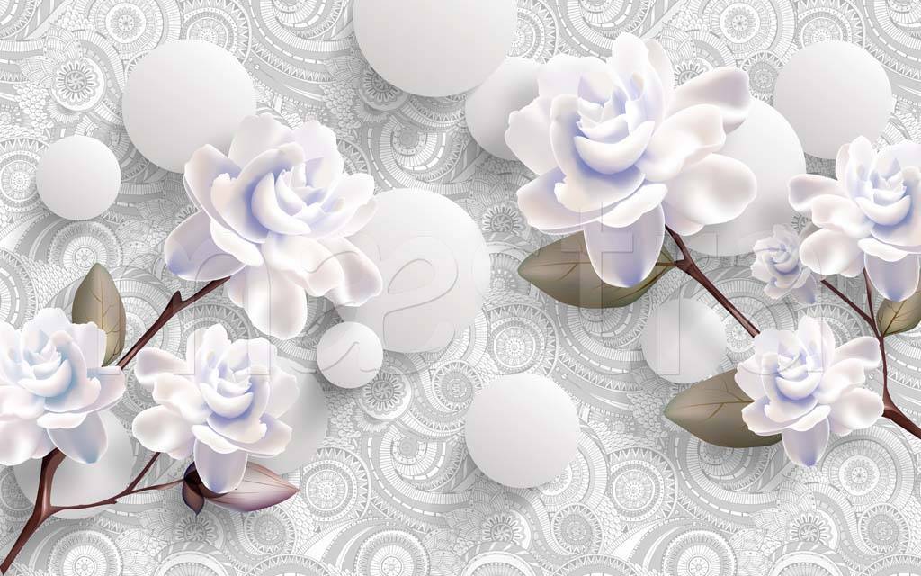 Фотообои 3д белые розы с серыми шарами