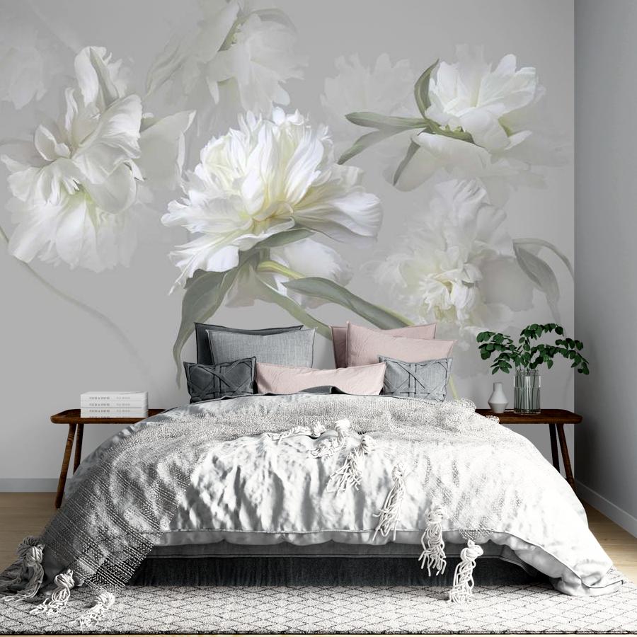 фотообои белые цветущие пионы на сером фоне 13-1007