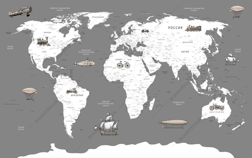 Фотообои Карта мира белая на сером фоне