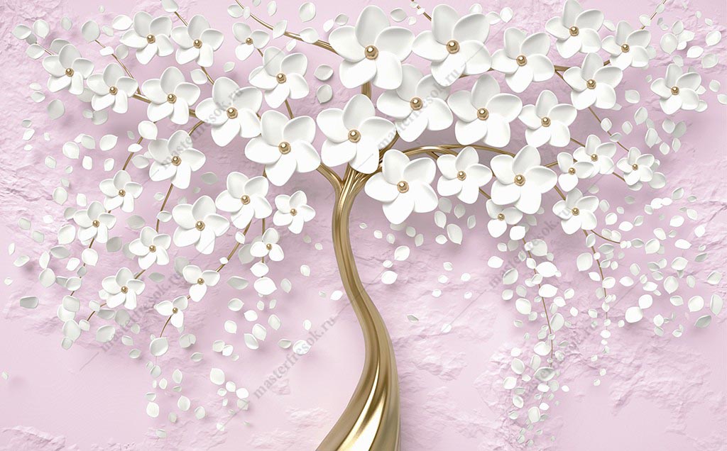 Фотообои 3д дерево с белыми цветочками