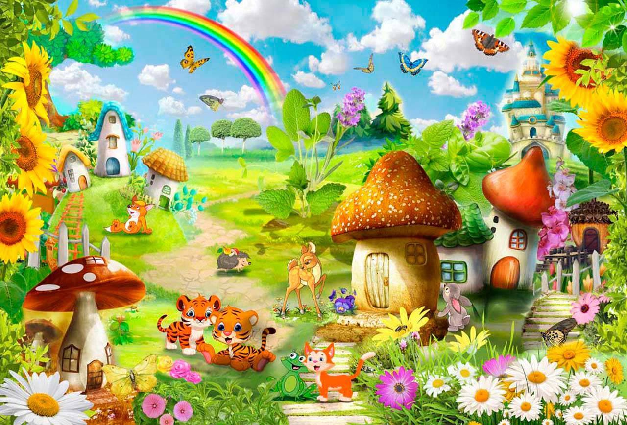 Фотообои Сказочная поляна с грибами и радугой