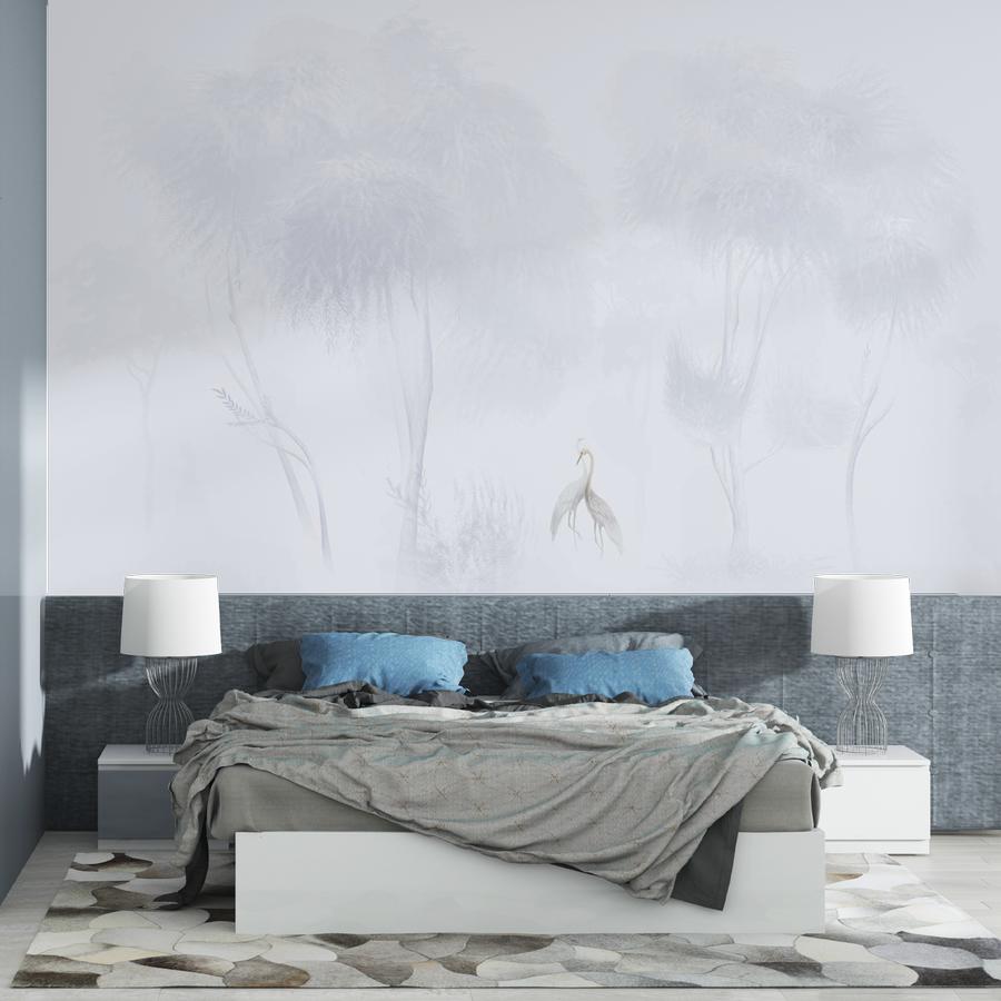 фотообои туманный лес и белая цапля