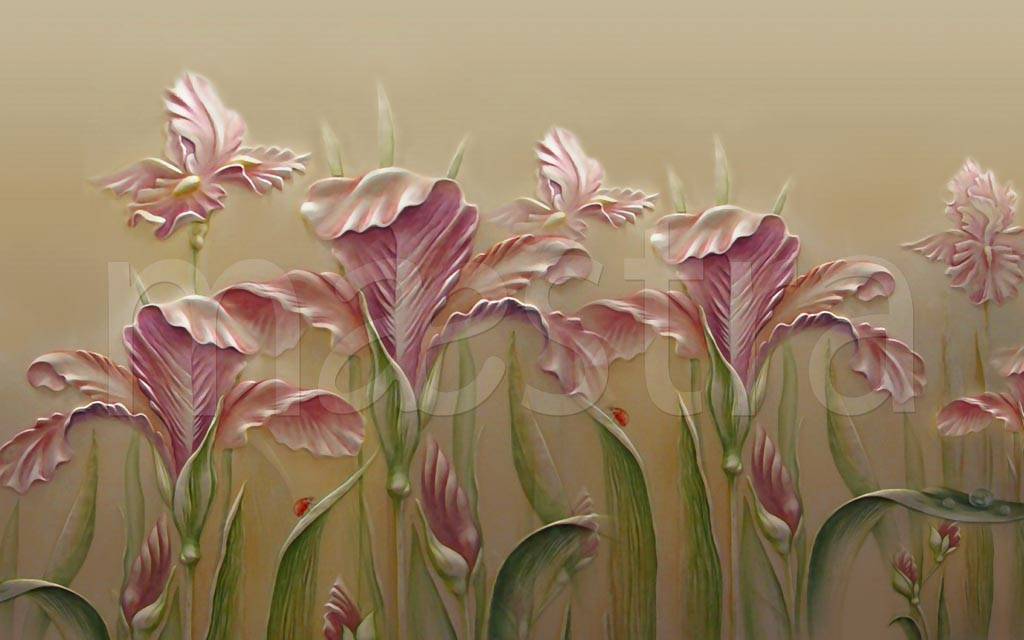 Фотообои Розовые 3д цветы на серо-коричневом фоне