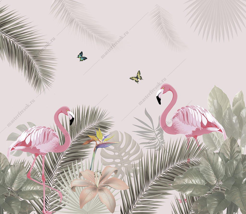 Фотообои Фламинго в тропических листьях