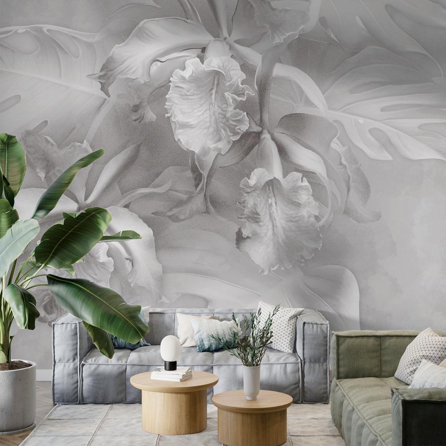 фотообои листья монстеры и цветы ириса 13-1110