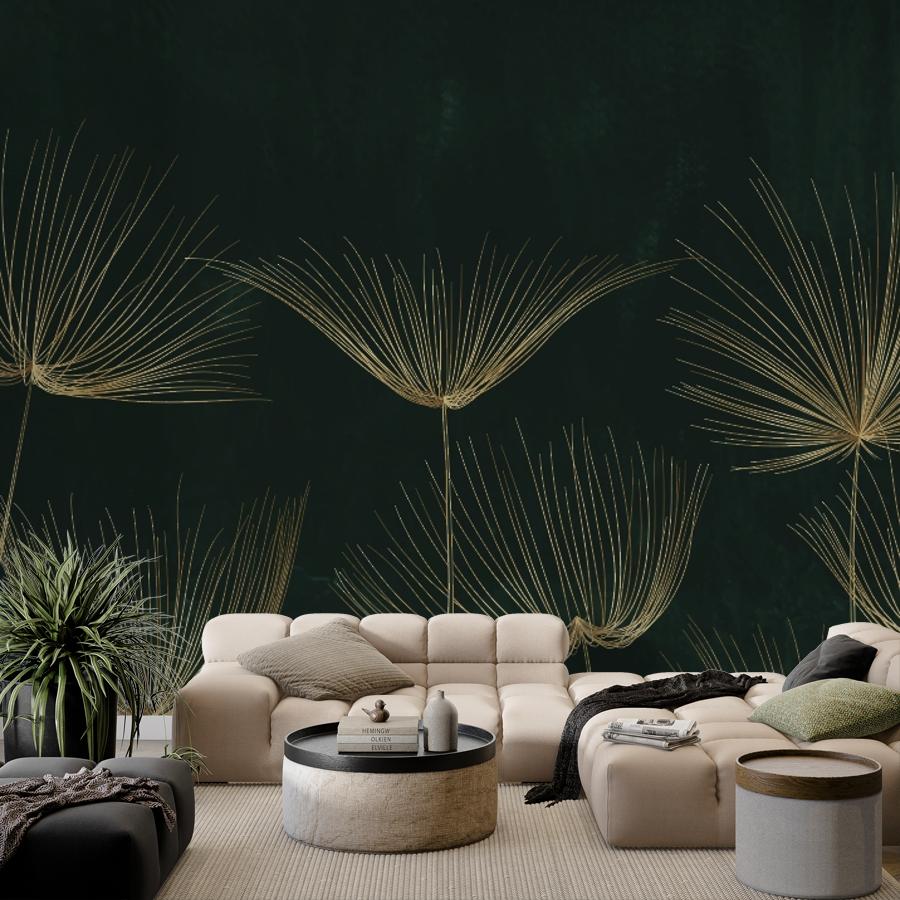 фотообои цветы золотистые на зеленом 14-1288