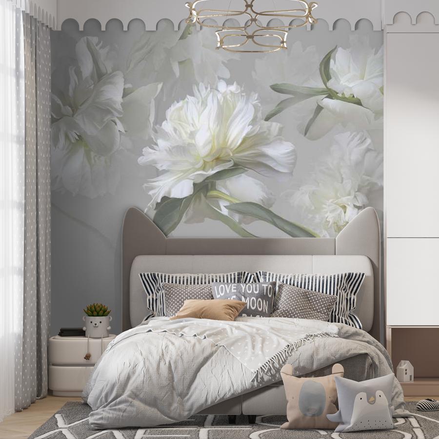 фотообои белые цветущие пионы на сером фоне 13-1007