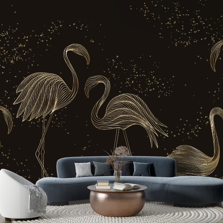 фотообои фламинго на темном фоне в гостиную 14-1207
