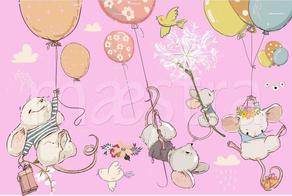 Фотообои Мыши на шарах на розовом фоне