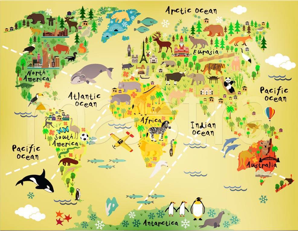 Фотообои Детская карта с животными на желтом фоне