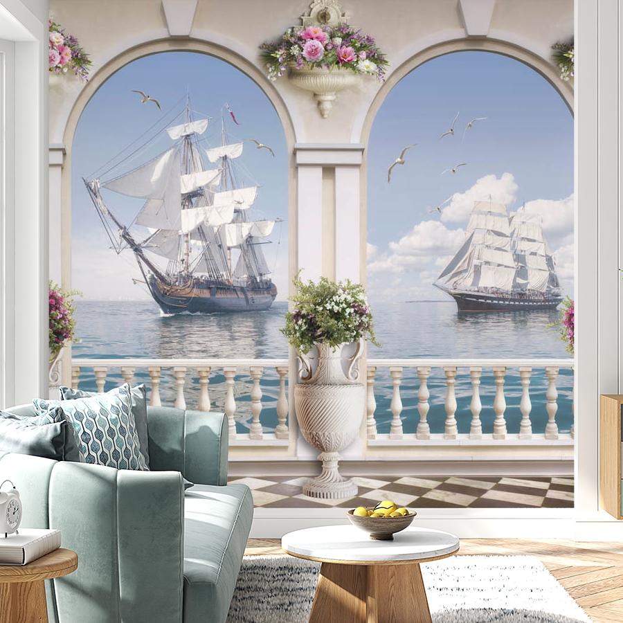 фотообои балкон с видом на парусники 19-0144