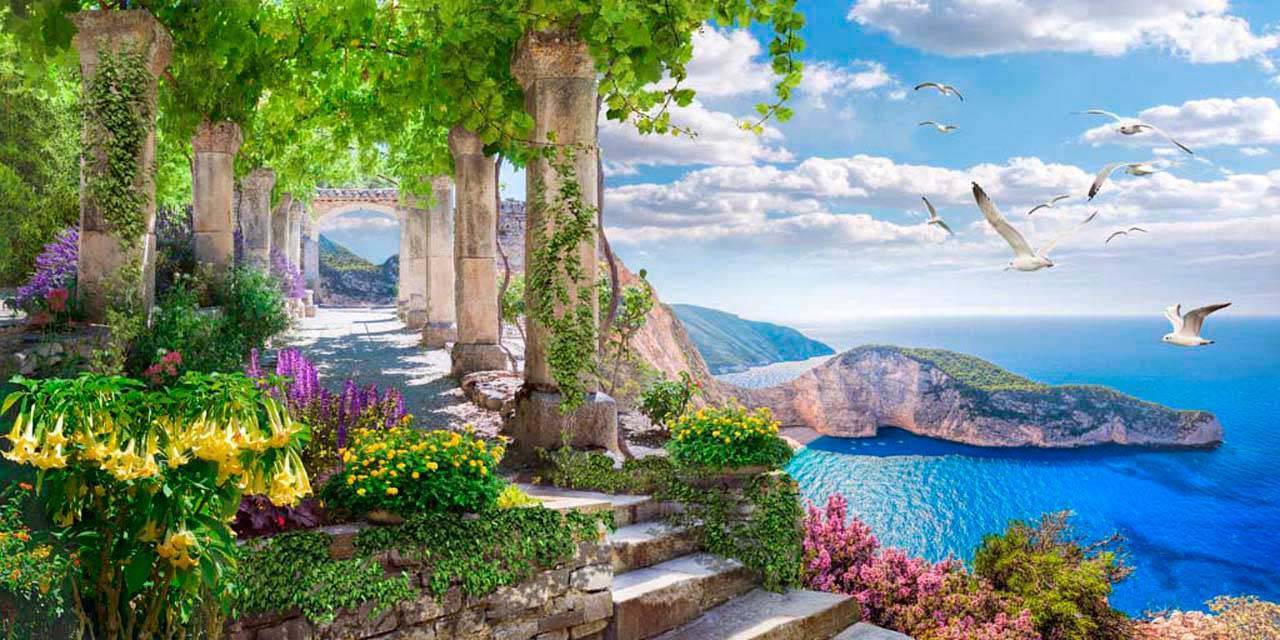 Фотообои Аллея с колоннами в цветах и видом на море