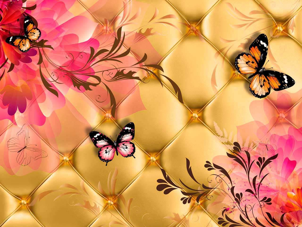 Фотообои Стереоскопические бабочки на золотом фоне