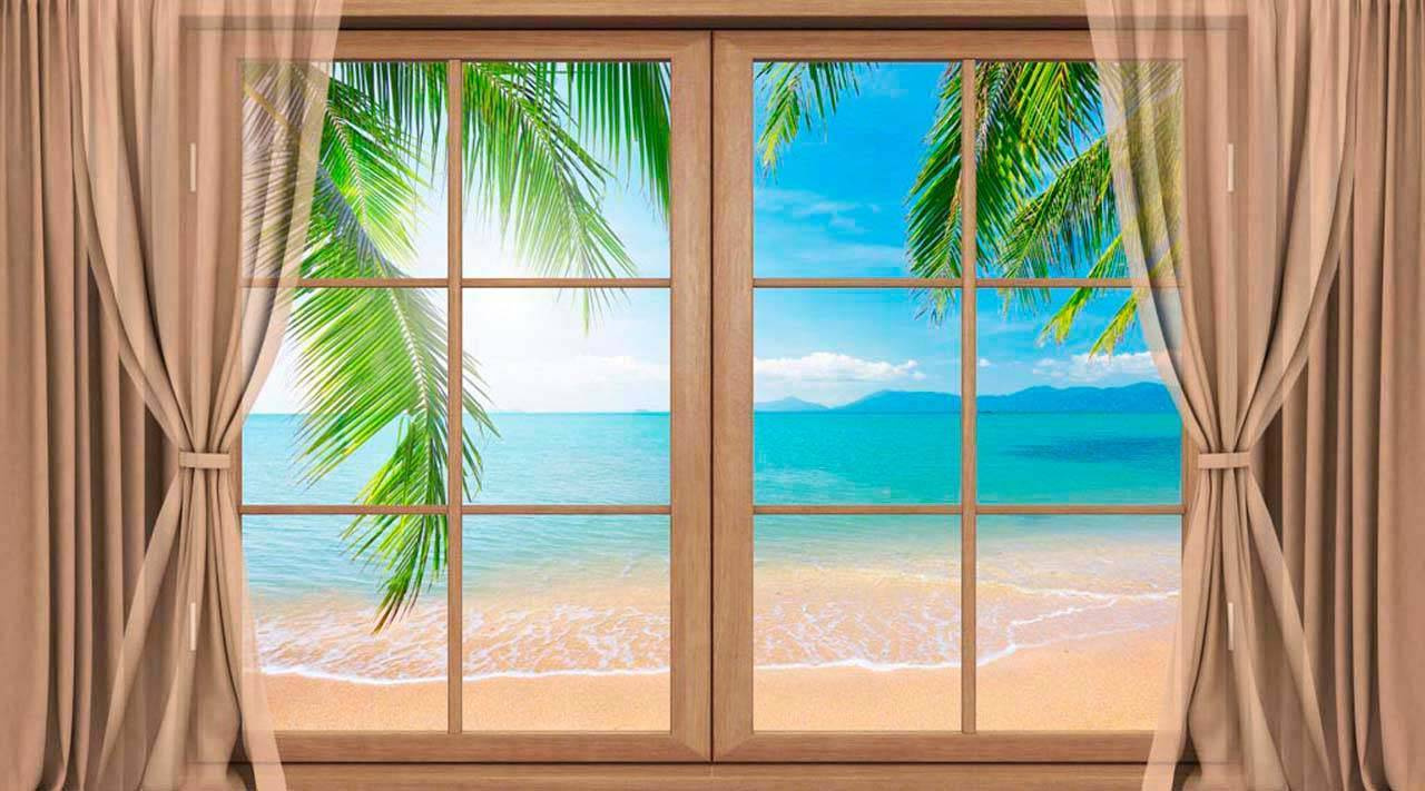 Фотообои Окно с видом на пальмы и море