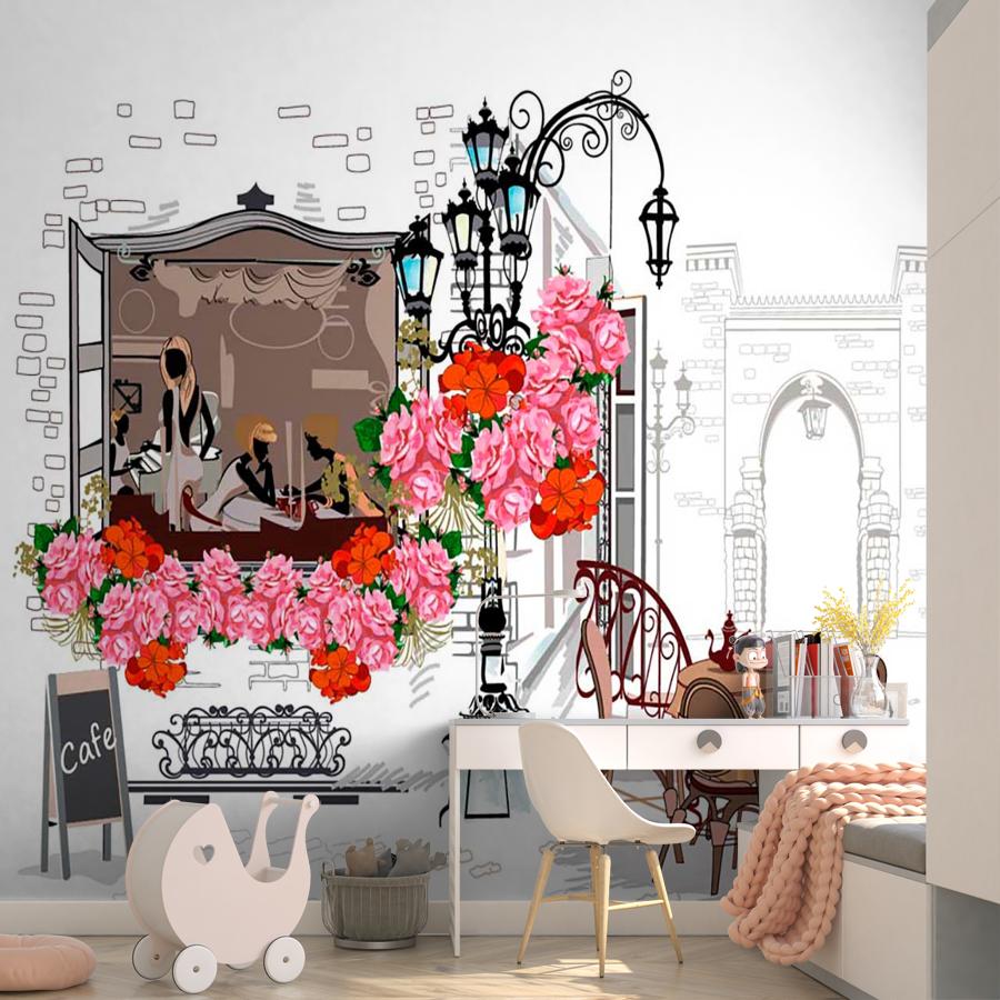 фотообои кафе и розовые цветы 9-137