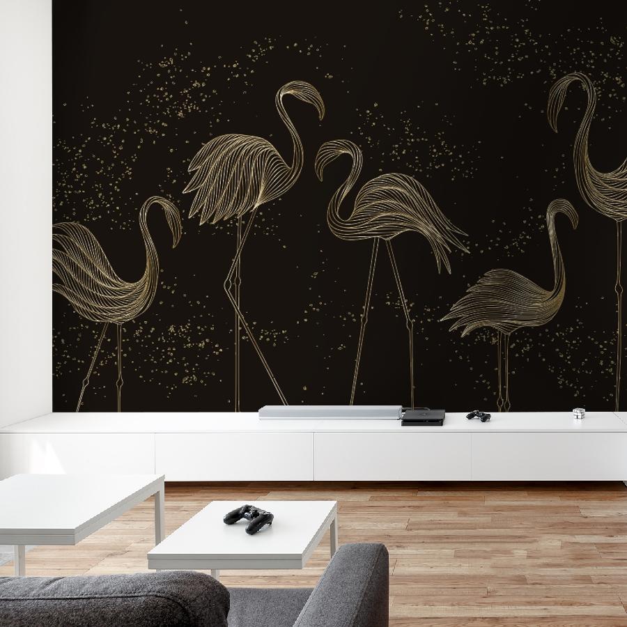 фотообои фламинго на темном фоне в гостиную 14-1207
