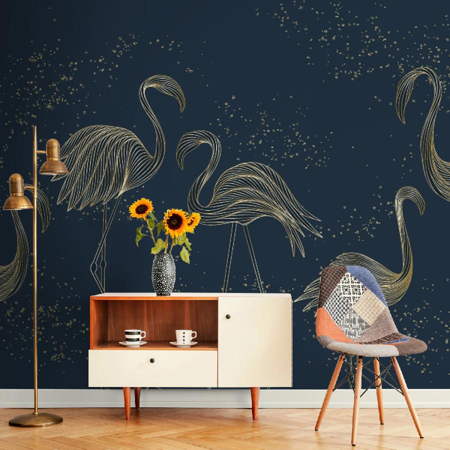 фотообои фламинго золотистые на синем 14-1206