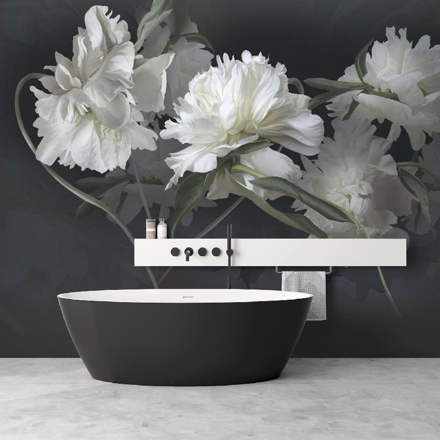 фотообои белые цветущие пионы на темно сером фоне 13-1008