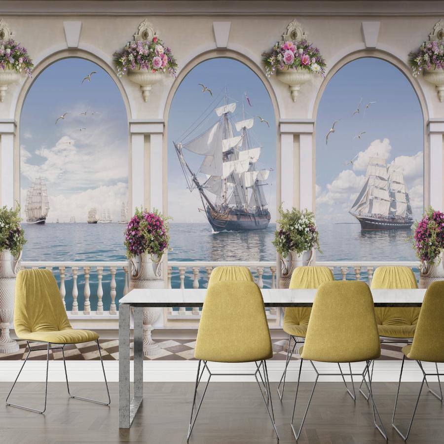 фотообои балкон с видом на парусники 19-0144