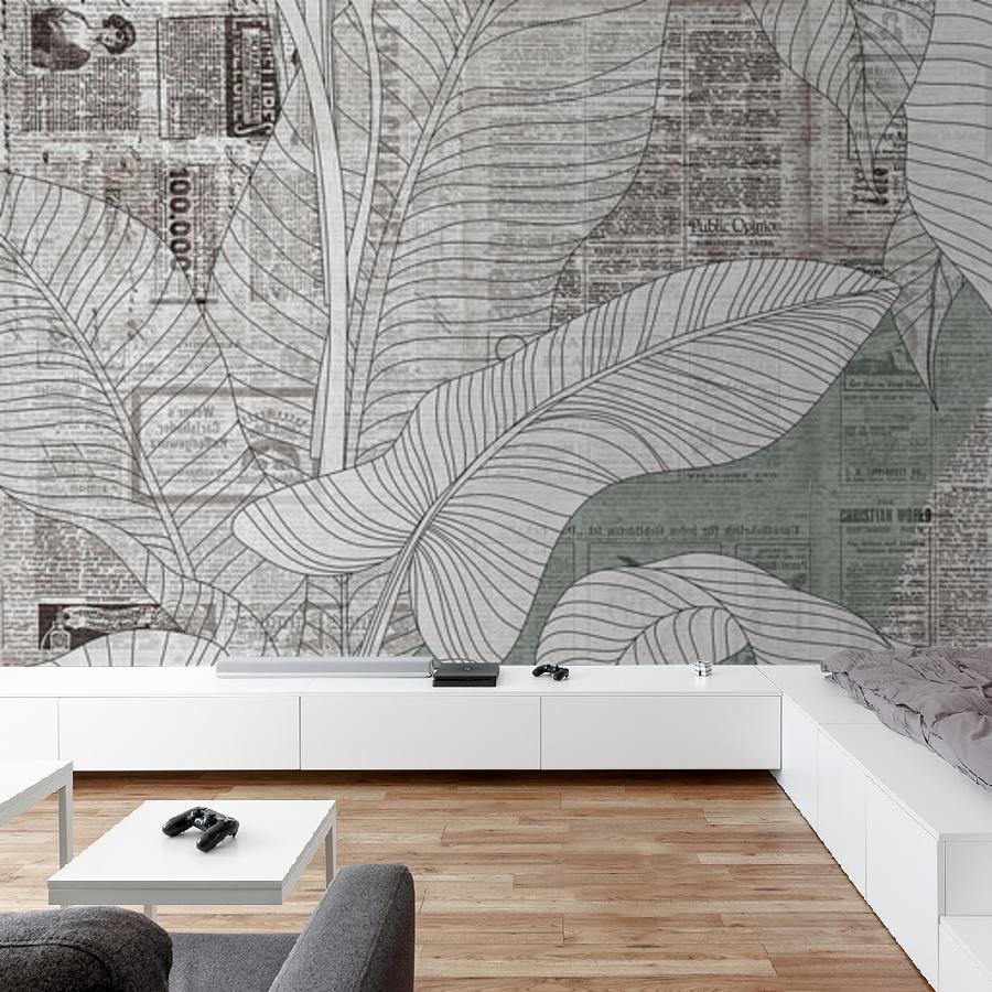 фотообои старая газета и тропические листья 9-1246