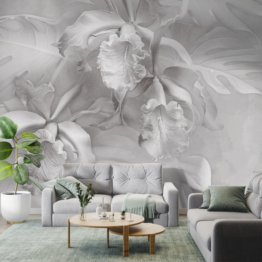 фотообои листья монстеры и цветы ириса 13-1110