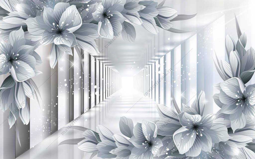 Фотообои 3д Белые цветы в тоннеле