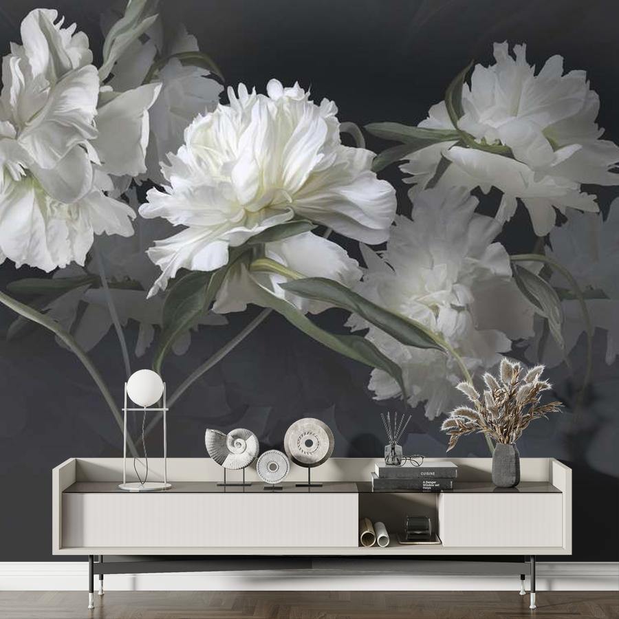 фотообои белые цветущие пионы на темно сером фоне 13-1008