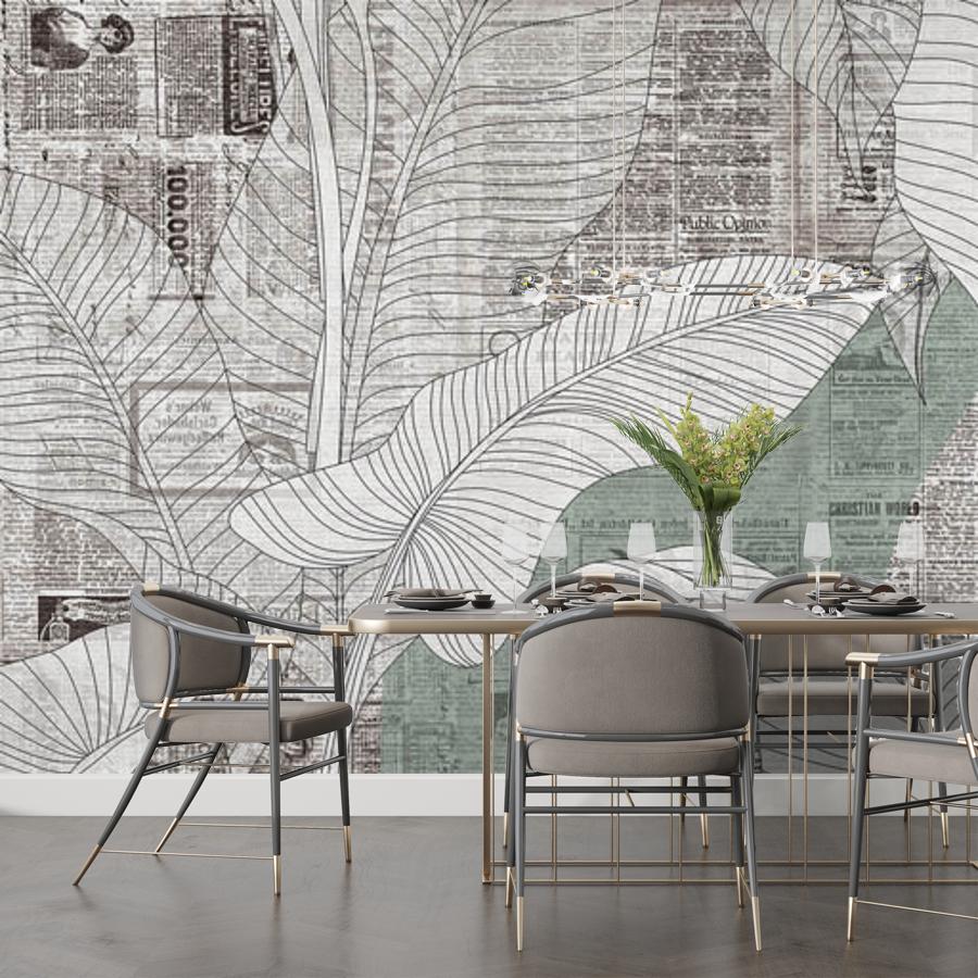 фотообои старая газета и тропические листья 9-1246