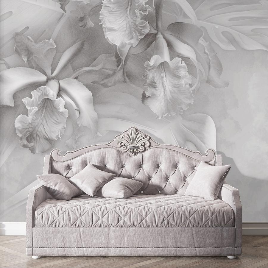 фотообои листья монстеры и цветы ириса 13-1110