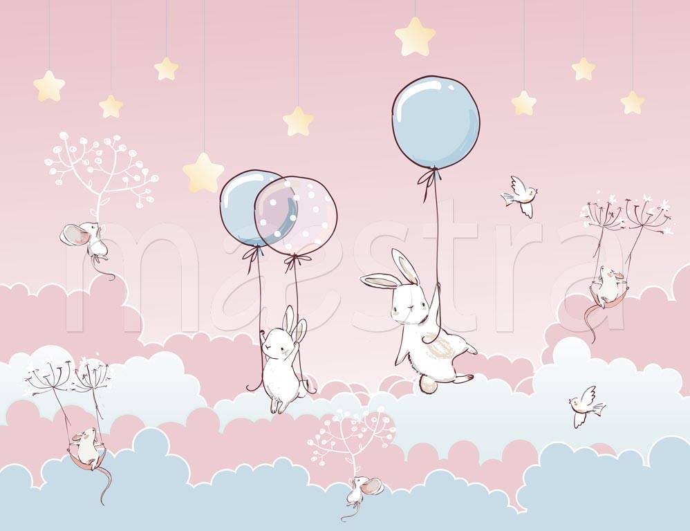 Фотообои Зайцы и мыши летят на шарах на розовом фоне