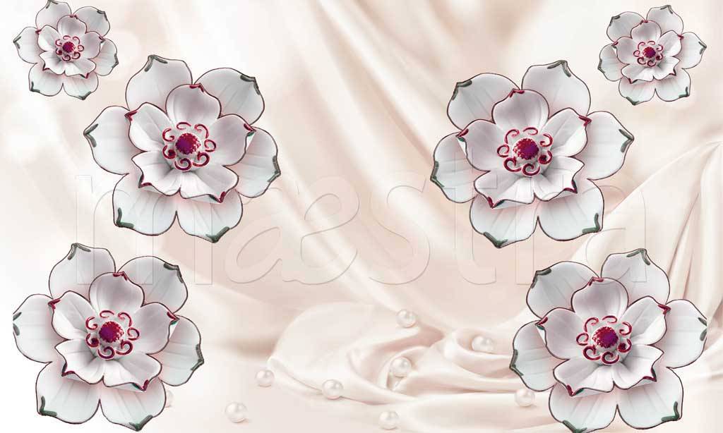 Фотообои Стереоскопические 3д цветы на ткани белые керамические