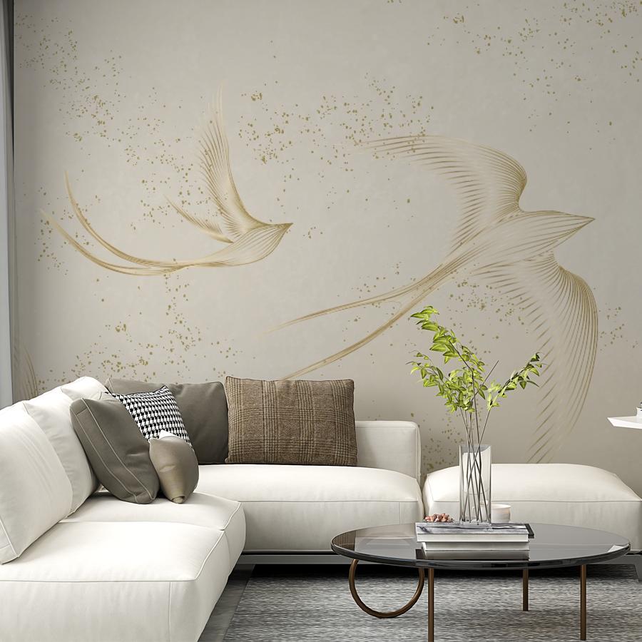 фотообои золотистые ласточки на бежевом фоне 14-1227