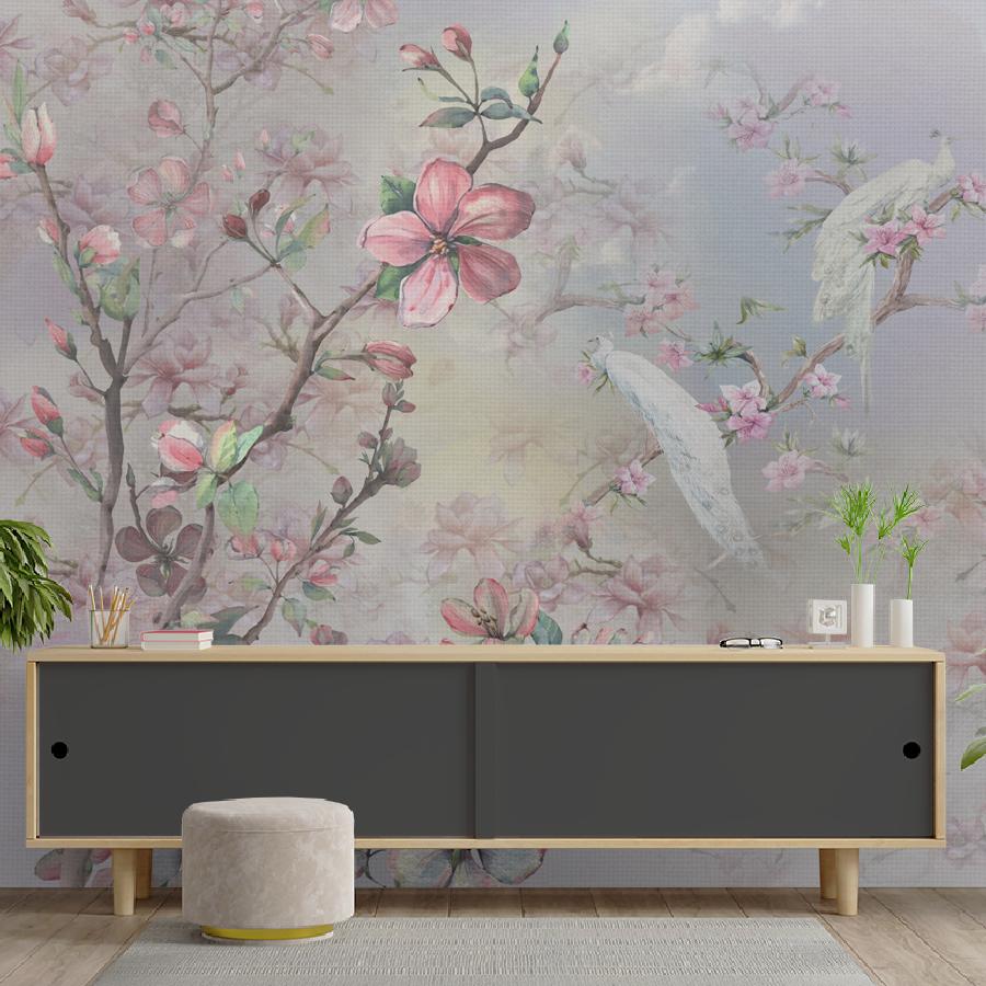 фотообои павлин и цветущие кусты 7-414