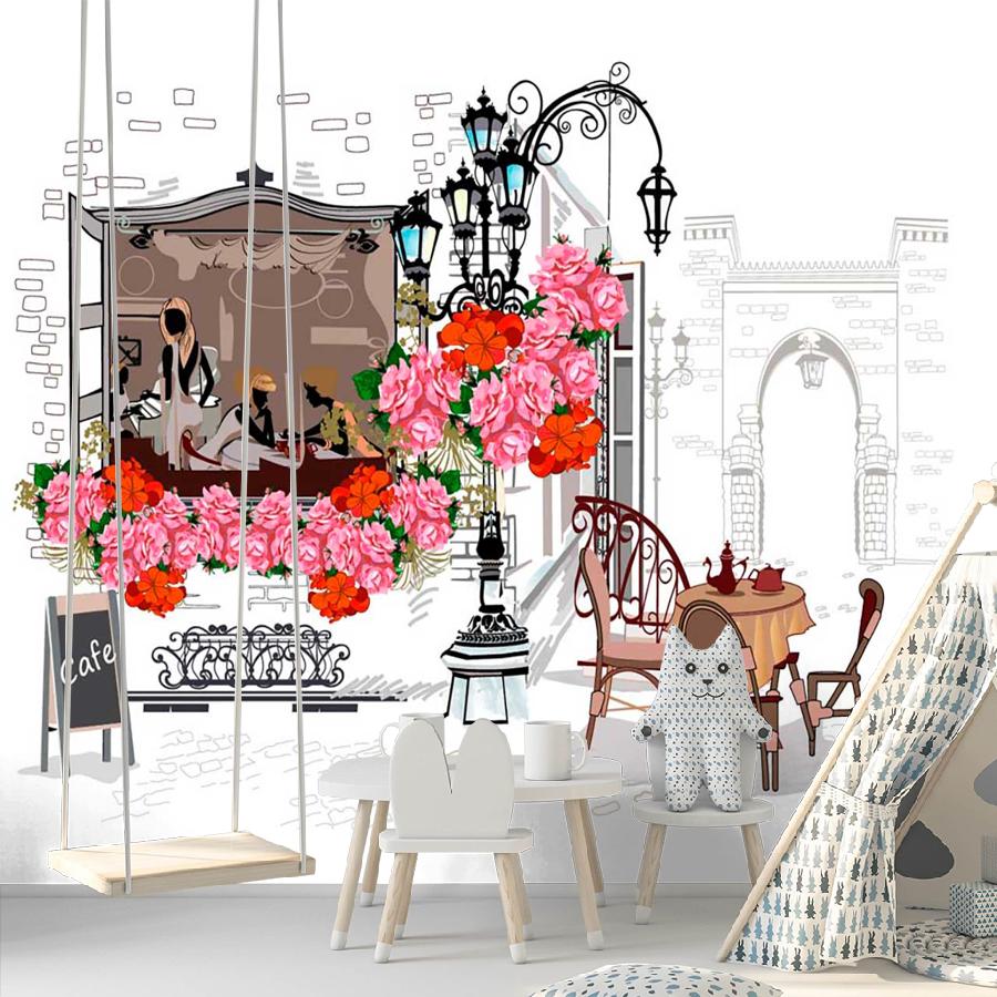 фотообои кафе и розовые цветы 9-137
