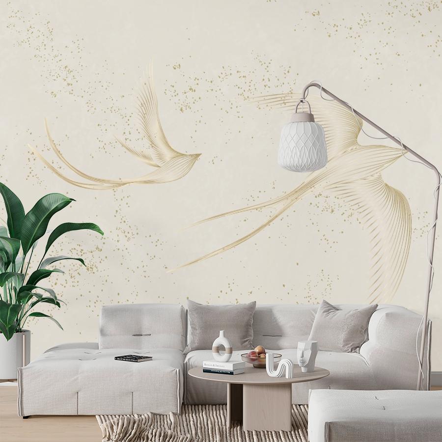 фотообои золотистые ласточки на бежевом фоне 14-1227