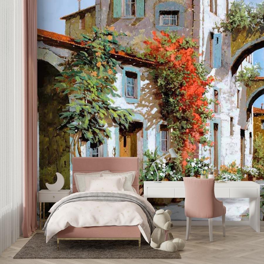 фотообои старинная белая улочка с арками 8-001