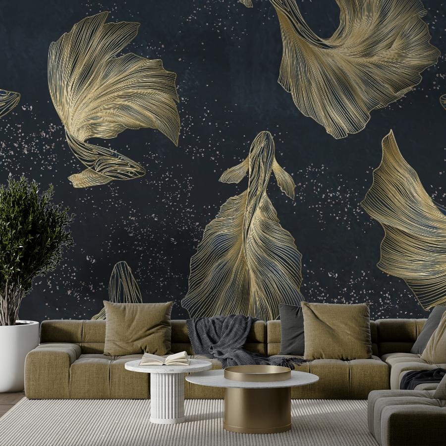 фотообои рыбы золотые на синем фоне 14-1274