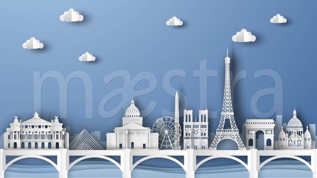 Фотообои Париж на мосту на синем фоне