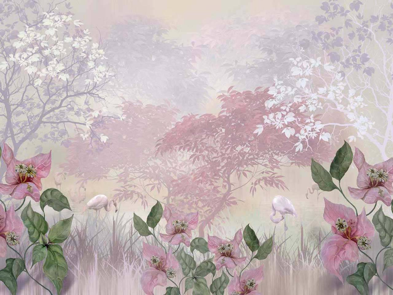 Фотообои Розовый лес и фламинго в цветах