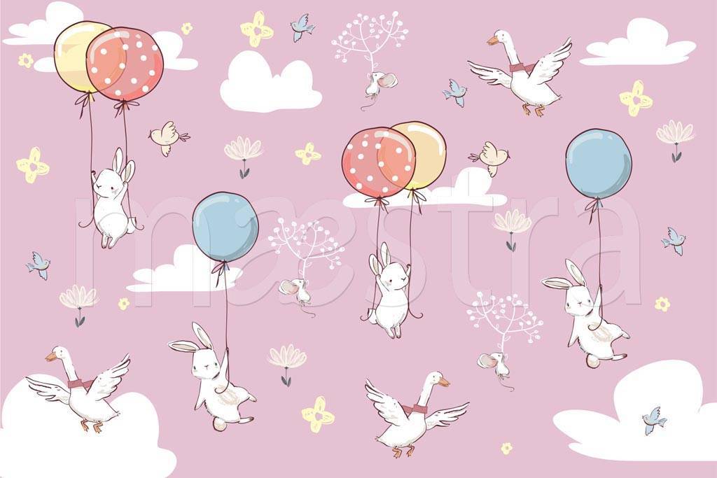 Фотообои Птицы и кролики в облаках на воздушных шарах