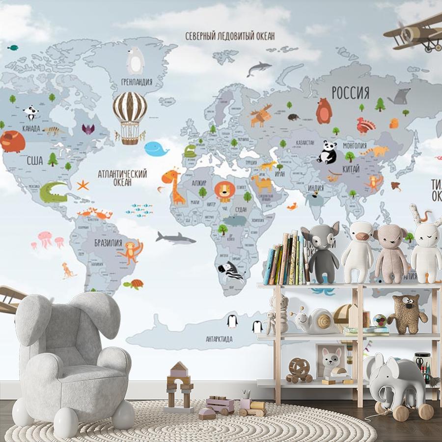 фотообои карта мира детская с самолетами 12-968